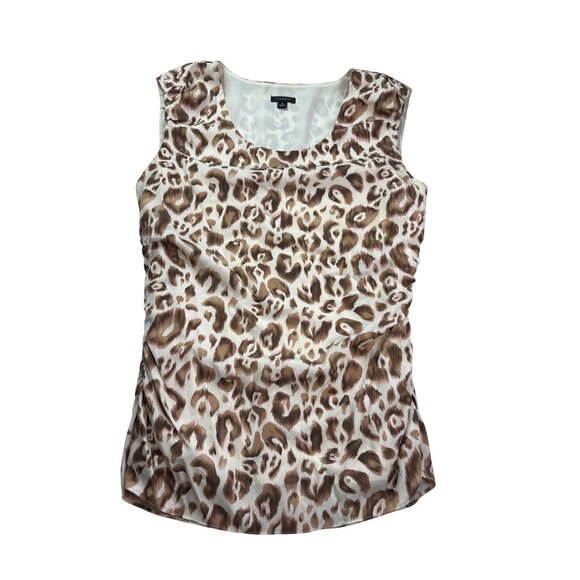 Ann Taylor Sleeveless Leopard Print Top 8 Ruched Brown Cream Lined Silk Blend - Picture 1 of 6